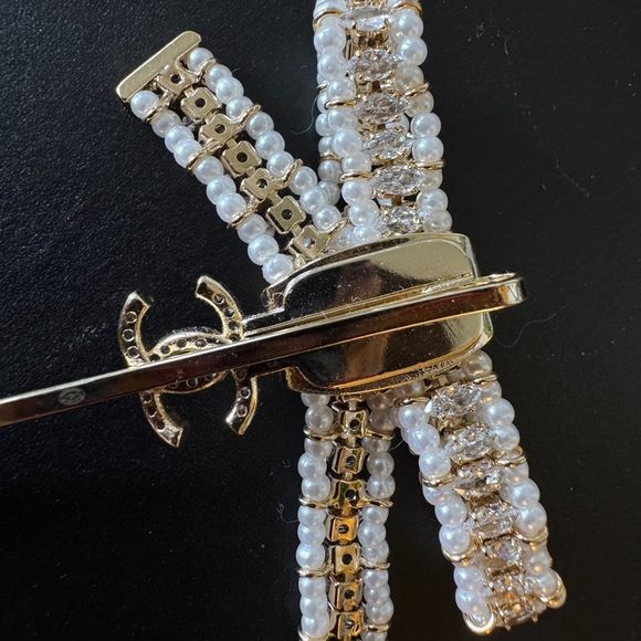 CHANEL Gold Metal Pearl Rhinestone Logo With Bow Hair Clip/Pin Accessory AUTH main image 5